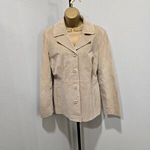 Vintage Beige Suede Leather Jacket Coat Womens Lge Classic Timeless Quiet Luxury